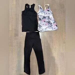 lululemon Black Top (4) and Floral Tank Top(2)+ Black lace Cropped Leggings (2)